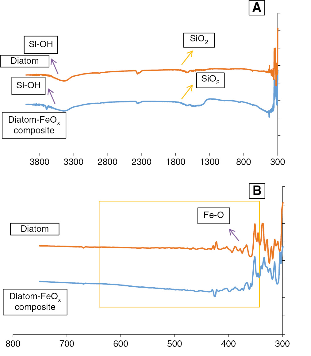 Figure 2: FTIR spectra of diatom and diatom-FeOx composite: (A) between 300 and 4000 cm−1 and (B) expanded view from 300 to 800 cm−1.