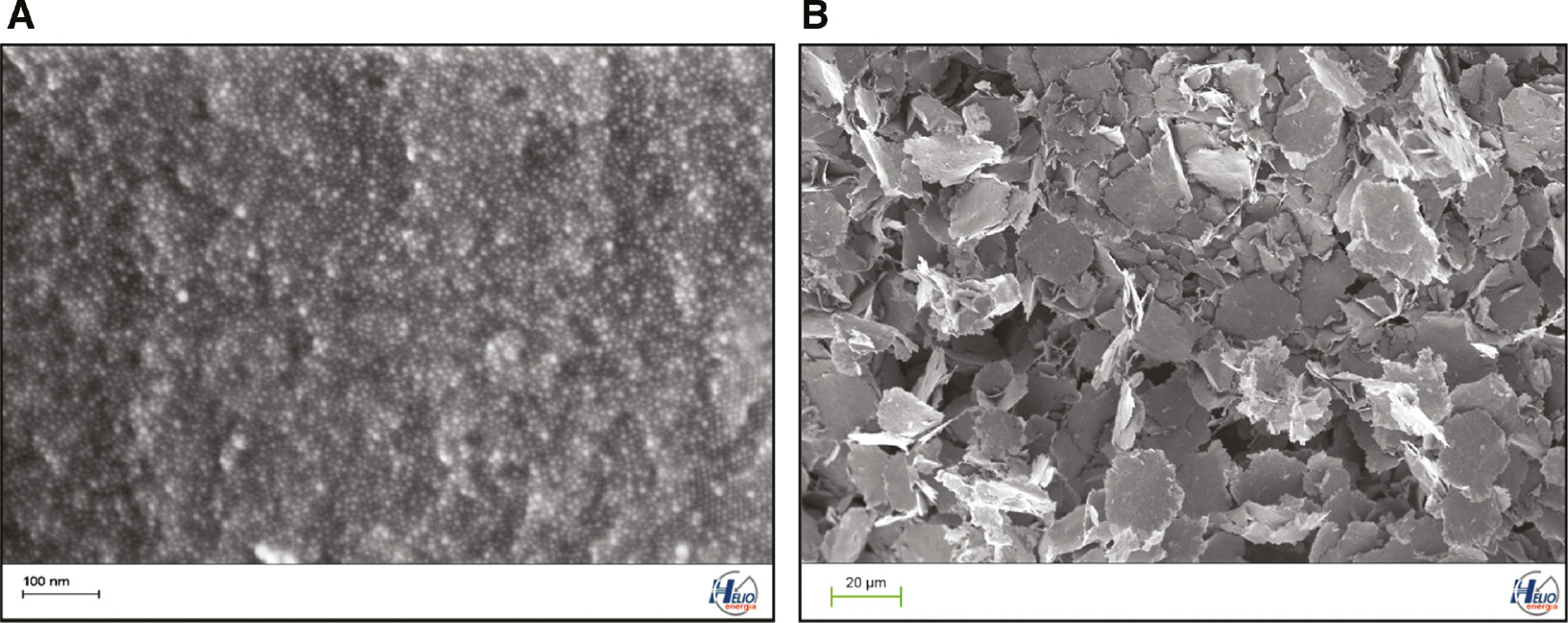Figure 1: Structure of silver powder: nanosize and spheric shape (A), microsize and flake shape (B).