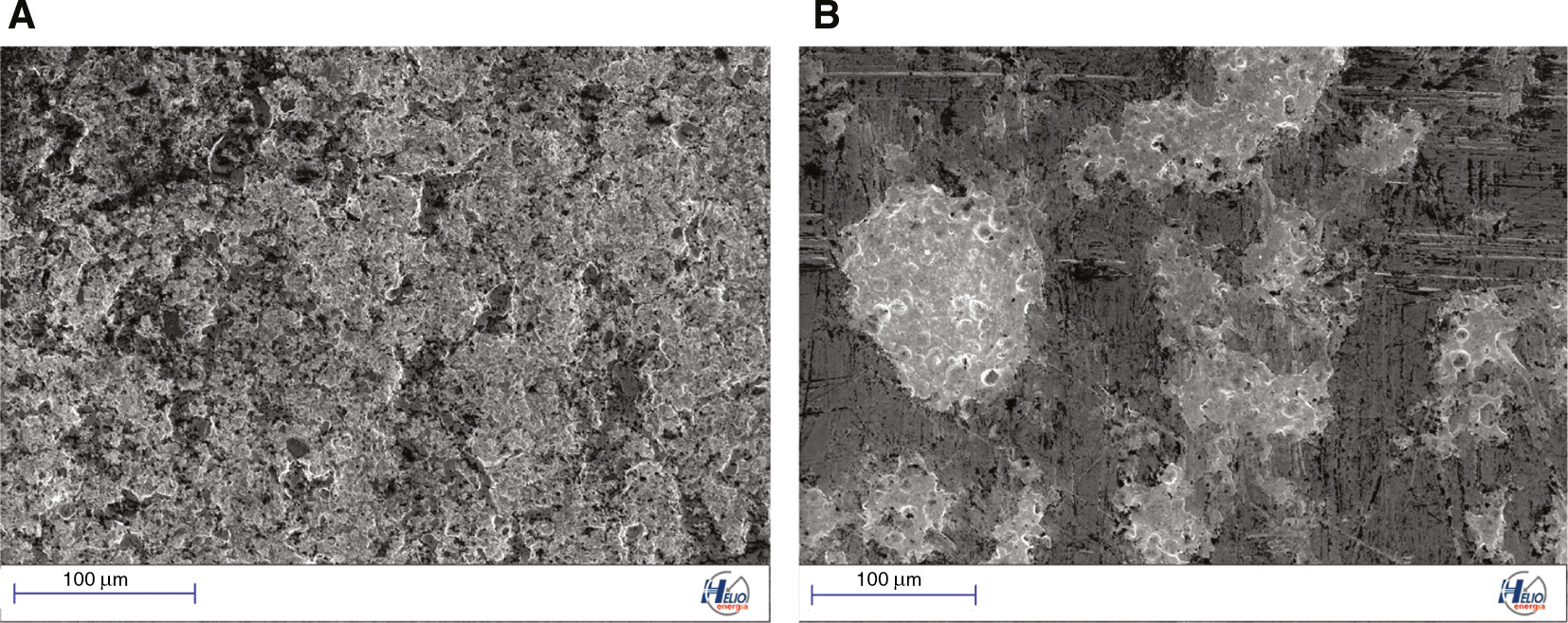 Figure 3: Layer procured as a result of thermal silver plating compared with the silver layer obtained from the galvanizing plant. (A) SEM picture of a sintered silver layer on the aluminium surface. (B) SEM picture of the silver layer procured in the electrochemical process on the aluminium surface.