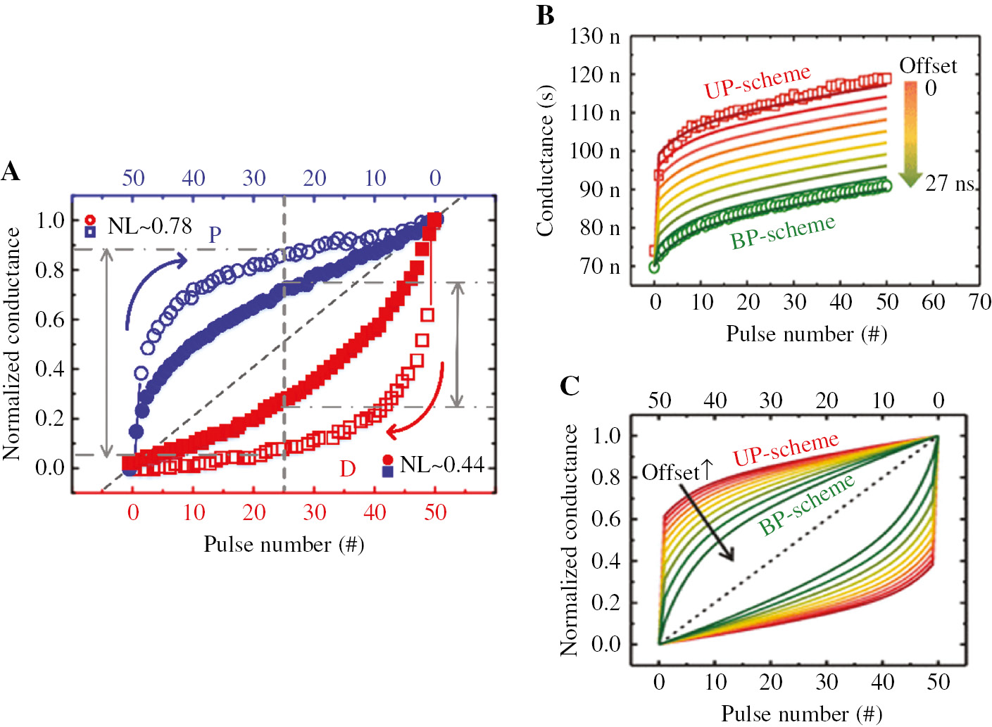Figure 9: Characteristics of the memristor response to the weak anti-pulse based on the 3D two-layer Ta/TaOx/TiO2/Ti memristor device. (A) Measured conductance modulation curves obtained by applying different pulse signal. Hollow point: response to the identical pulse. Solid point: response to the weak anti-pulse. Adapted with permission from [139]. Copyright 2016 Springer. (B) Simulated conductance modulation curves in different Goffset. (C) Relationship between Goffset and NL. Reprinted with permission from Ref. [139]. Copyright 2016 Springer.