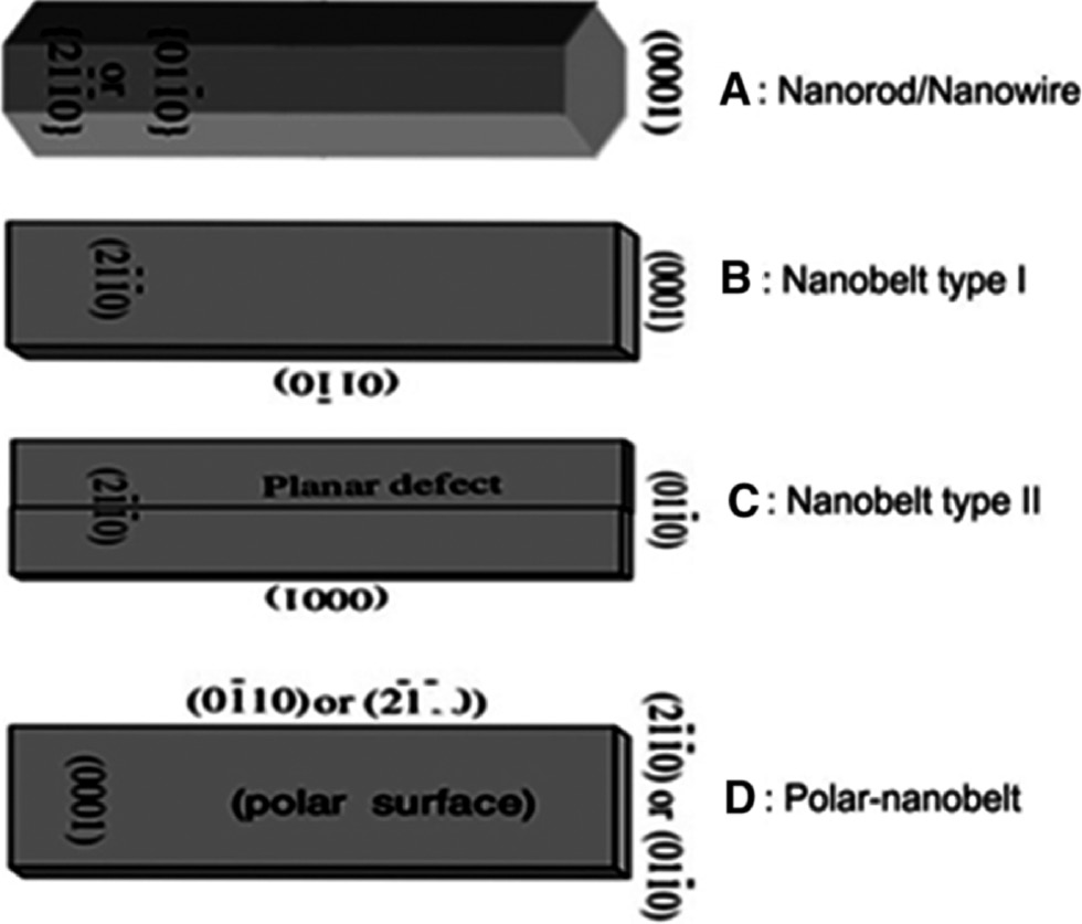 Figure 5: Typical growth morphologies of 1D ZnO nanostructures and the corresponding facets [2].