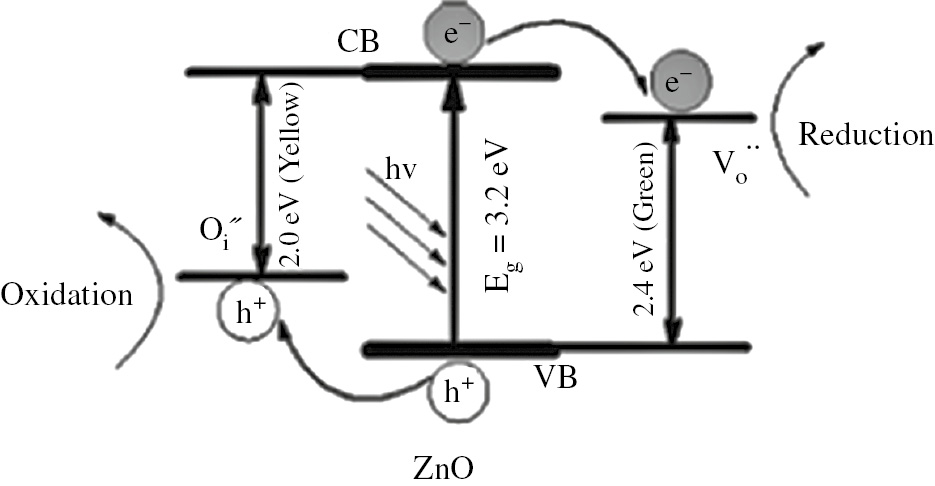 Figure 6: Band structure and charge transfer pathways of ZnO nanocrystal with oxygen defects [93].