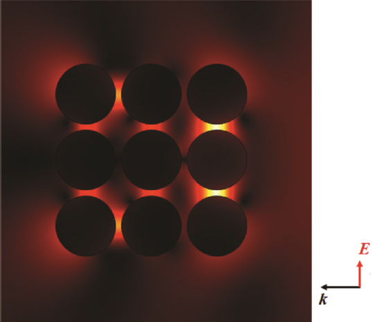 Figure 3 Electric field distribution (|E| ) of Au nanorod arrays with a side incident Gaussian beam