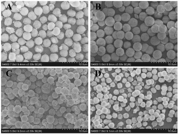Figure 1 The SEM images of PSMs prepared at different silica sol addition, (A) 12g; (B) 14g; (C) 16g; (D) 18g