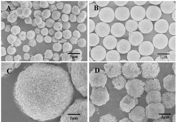 Figure 7 The SEM images of porous silica microspheres prepared at different molar ratio of formaldehyde and urea, (A) 1; (B) 1.25; (C) 1.5; (D) 2