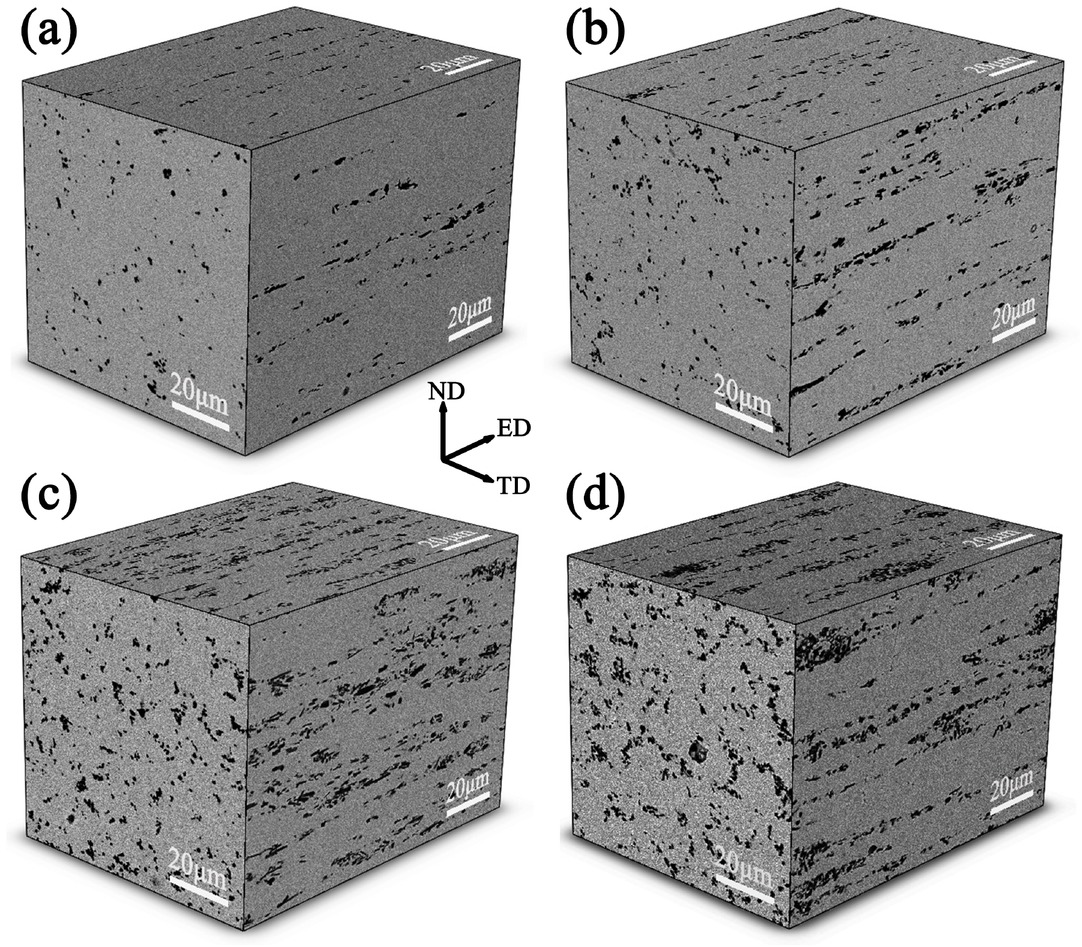 Figure 3 SEM morphology of the extruded SiCw/Cu composite with different volume fraction: (a) 1 vol.%, (b) 3 vol.%, (c) 5 vol.%, (c) 7 vol.%. ED, ND, TD is extruding direction, normal direction, and transverse direction, respectively