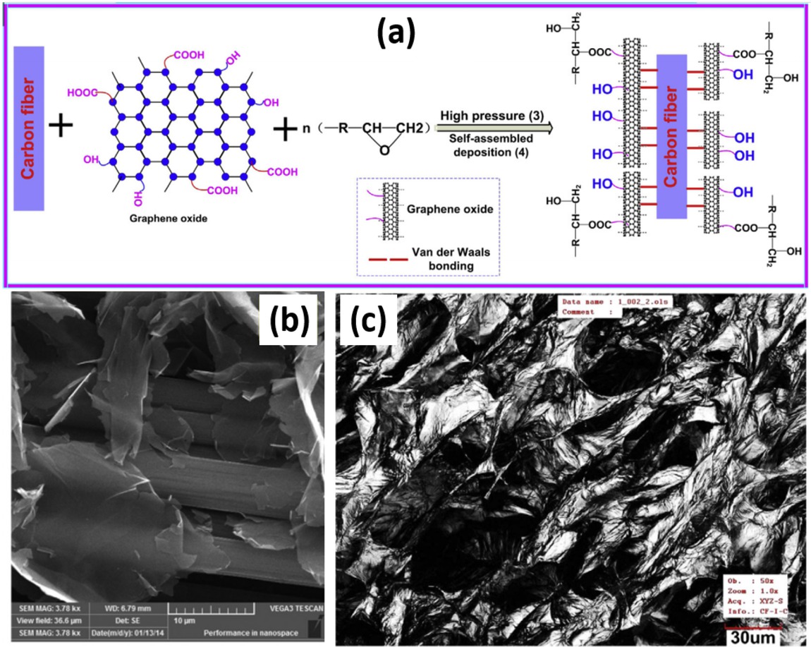 Figure 9 (a) Schematic illustration of the influence of GO. The van der Waals bonding connects the CO and carbon fibers. (b) The typical surface profile of the GO grafted onto the carbon fibers. (c) Porous structures of self-assembled GO on the carbon fiber mat. [117]