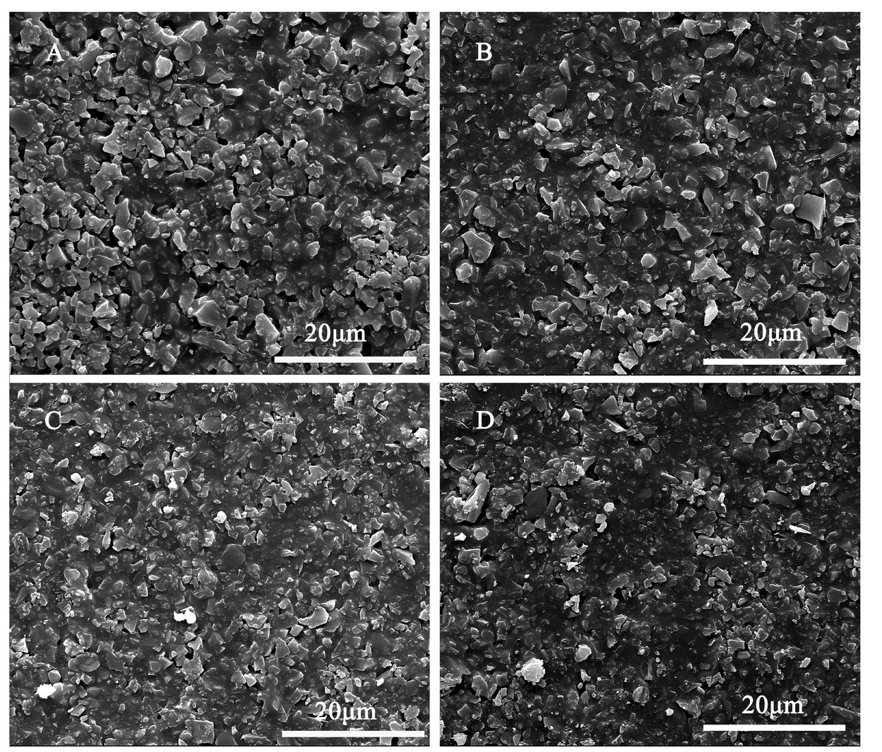 Figure 3 SEM micrograph of composites measured by secondary electrons mode A) S1; B) S4; C) S8; D) S9