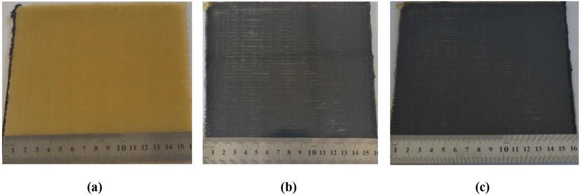 Figure 4 The photographs of the prepared 3D MWK composite: (a) desized composite; (b) D400-GO-grafted composite; (c) GO-grafted composite
