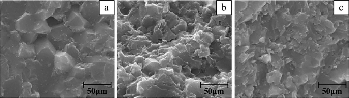 Figure 2 Scanning electron micrographs of fracture surface with different content of nano-Al2O3 [12]. (a) 80 wt% nano-Al2O3, (b) 70 wt% nano-Al2O3, (c) 60 wt% nano-Al2O3