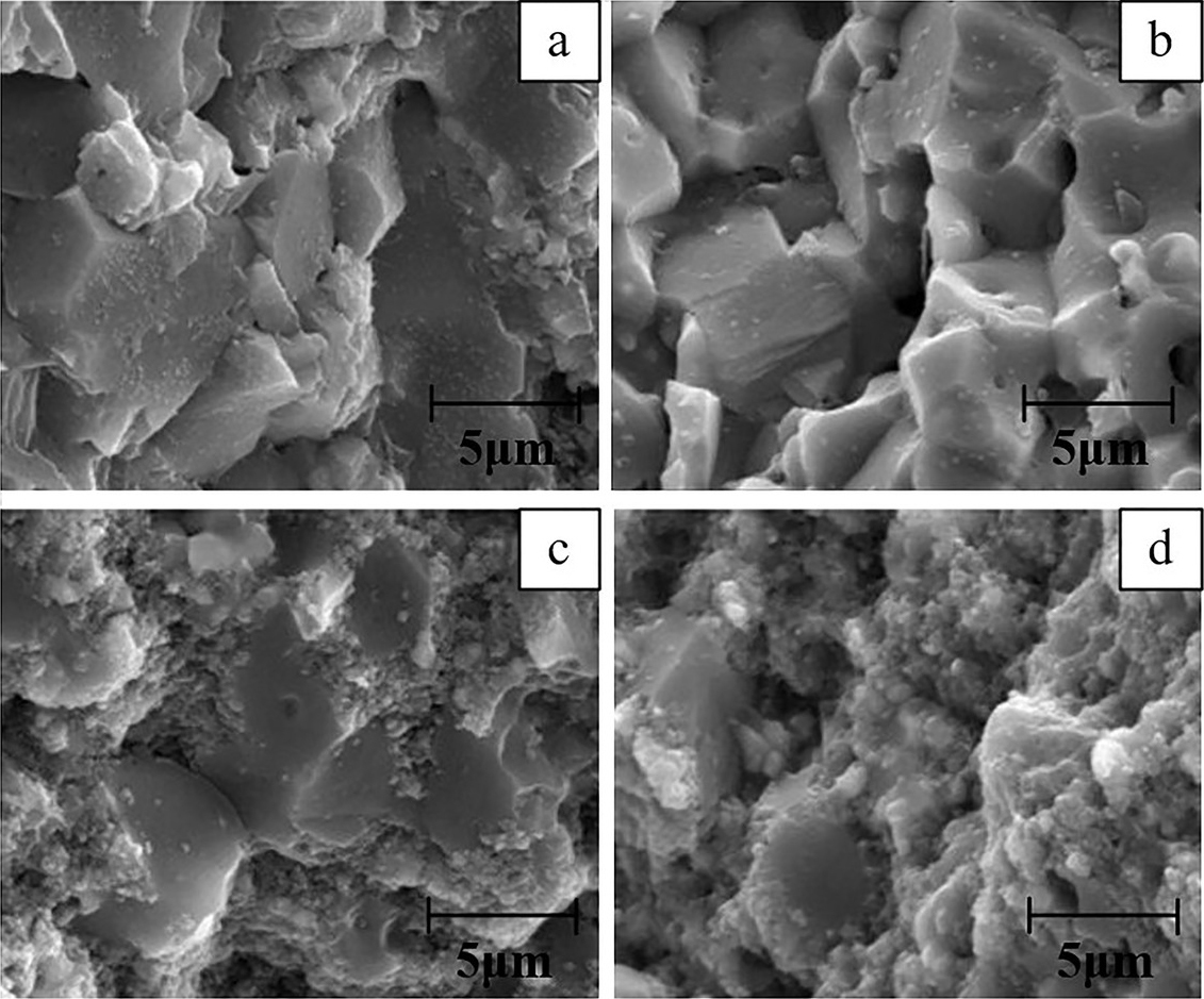 Figure 7 Scanning electron micrographs of the fractured surface of nano-micro composite self-lubricating ceramic tool material with different content of Al2O3 [11] (a) 0 vol.% nano-Al2O3, (b) 4 vol.% nano-Al2O3, (c) 20 vol.% nano-Al2O3, (d) 40 vol.% nano-Al2O3