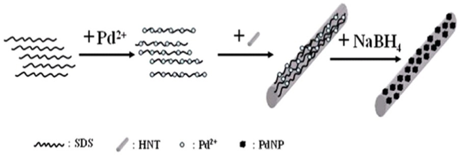Figure 17 Schematic procedure of the synthesis of PdNPs-HNTs nanostructures demonstrated by Zheng et al. [157]