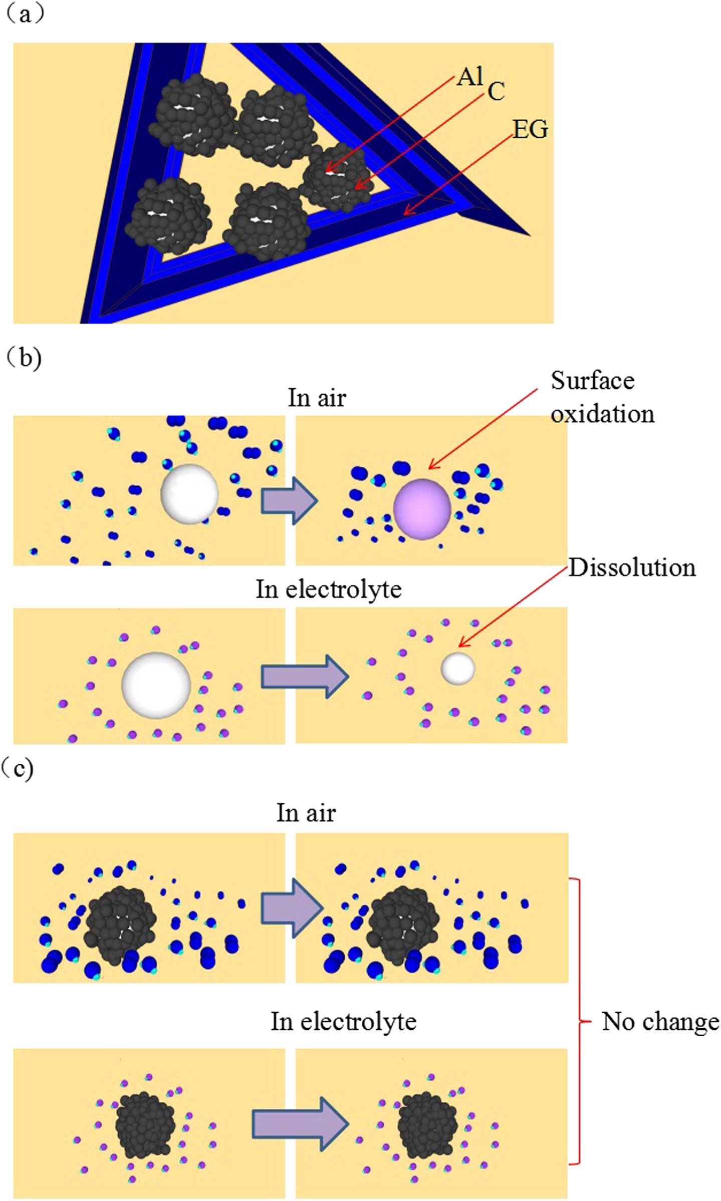 Figure 11 
               Schematic diagram of C@Al–EG composites and the slow dissolution of aluminum particles in air and electrolyte: (a) schematic diagram if C@Al/EG composites, (b) without coating, (c) with carbon coating.
            