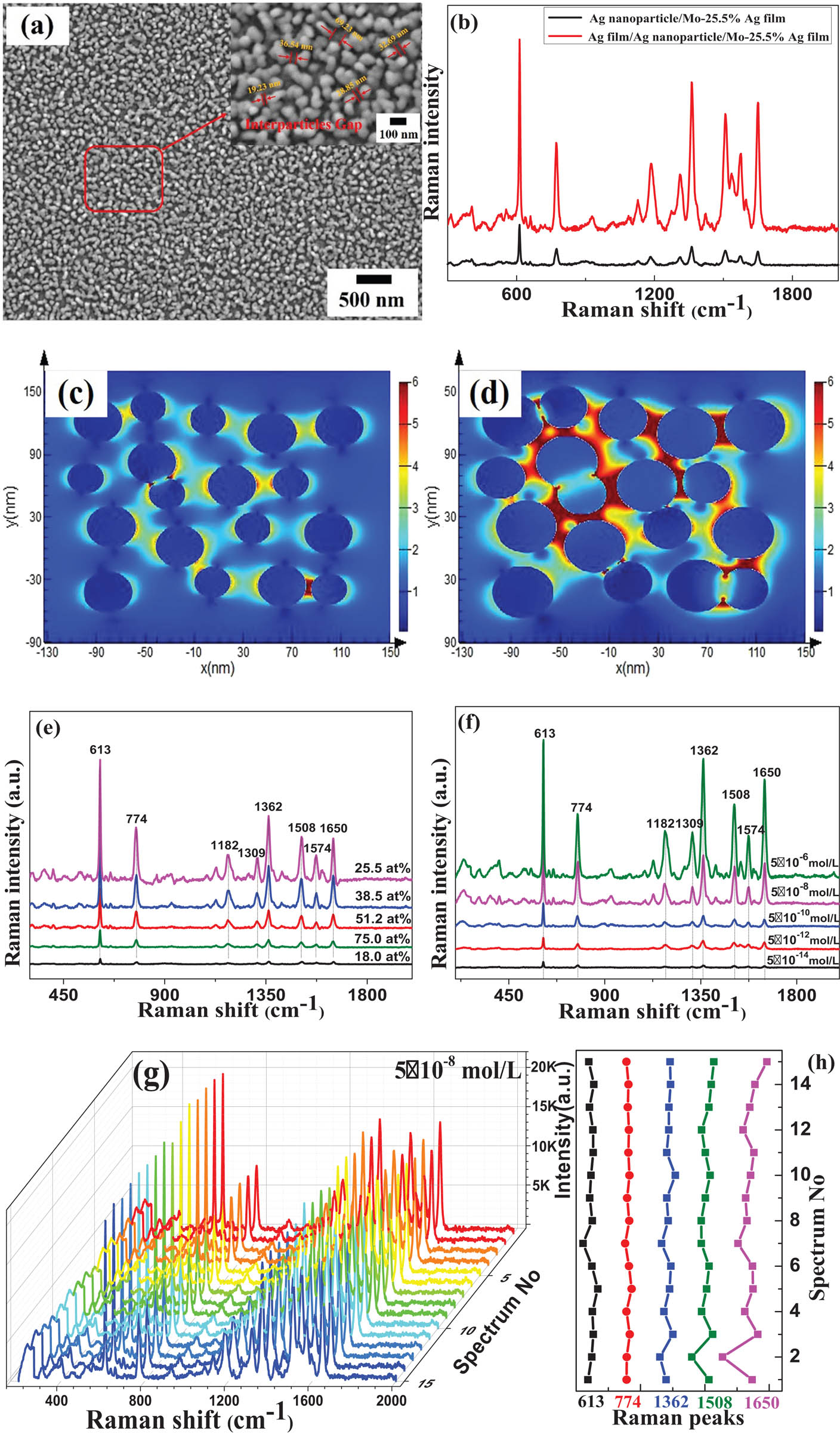 Figure 4 
               (a) Surface morphology of the Ag film/Ag nanoparticles/Mo-25.5 at% Ag films. (b) SERS spectra of the Ag nanoparticles/Mo-25.5 at% Ag films and Ag film/Ag nanoparticles/Mo-25.5 at% Ag films. (c) FDTD simulations of the EM field intensity of the Ag nanoparticles/Mo–Ag films and distribution of the Ag nanogaps structure. (d) FDTD simulations of the EM field intensity of the Ag film/Ag nanoparticles/Mo–Ag films and distribution of the Ag nanogaps structure. (e) SERS spectra of the Ag film/Ag nanoparticles/Mo–Ag alloy films with different Ag contents. (f) SERS spectra of the Ag film/Ag nanoparticles/Mo-25.5 at% Ag films with different concentrations of R6G solution. (g) SERS spectra of 15 randomly selected locations in the Ag film/Ag nanoparticles/Mo-25.5 at% Ag films. (h) Variation of the Raman spectra intensity at 613, 774, 1,362, 1,508 and 1,650 cm−1 peaks in (g), respectively.
            