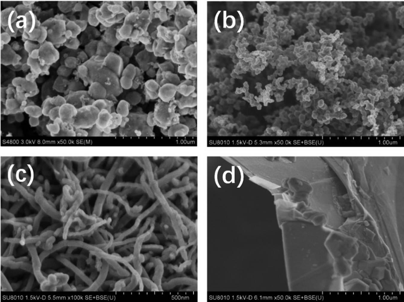 Figure 2
SEM images of LiFePO4 (a), SP (b), CNTs (c), and GN (d).