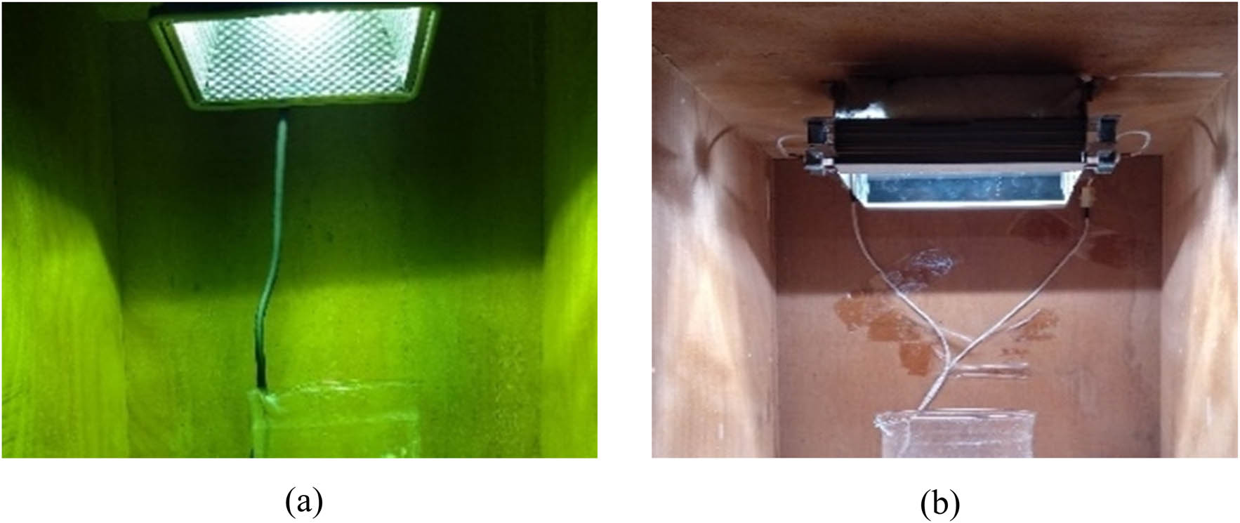 Figure 3 
                  Photocatalytic reaction box. (a) UV light source. (b) Visible light source.
               