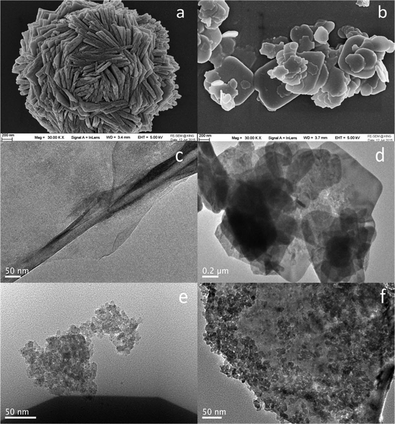 Figure 9 
                  SEM images of (a) pure BiOCl and (b) BiOCl-ZnCr-Ex and TEM images of (c) ZnCr-Ex, (d) BiOCl-ZnCr-Ex, (e) pure TiO2, and (f) TiO2-BiOCl-ZnCr-Ex-4. Reproduced with permission from ref. [99]; copyright (2017), Elsevier.
               