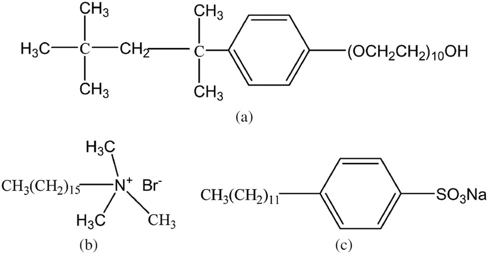 Figure 1 
               Chemical structures of surfactants: (a) TX-10; (b) CATB; (c) SDBS [34].
            