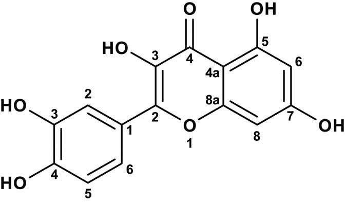 Figure 5
The numbering system in quercetin molecule, 2-(3,4-dihydroxyphenyl)-3,5,7-trihydroxy-4H-chromen-4-one showing carbon 1–8.