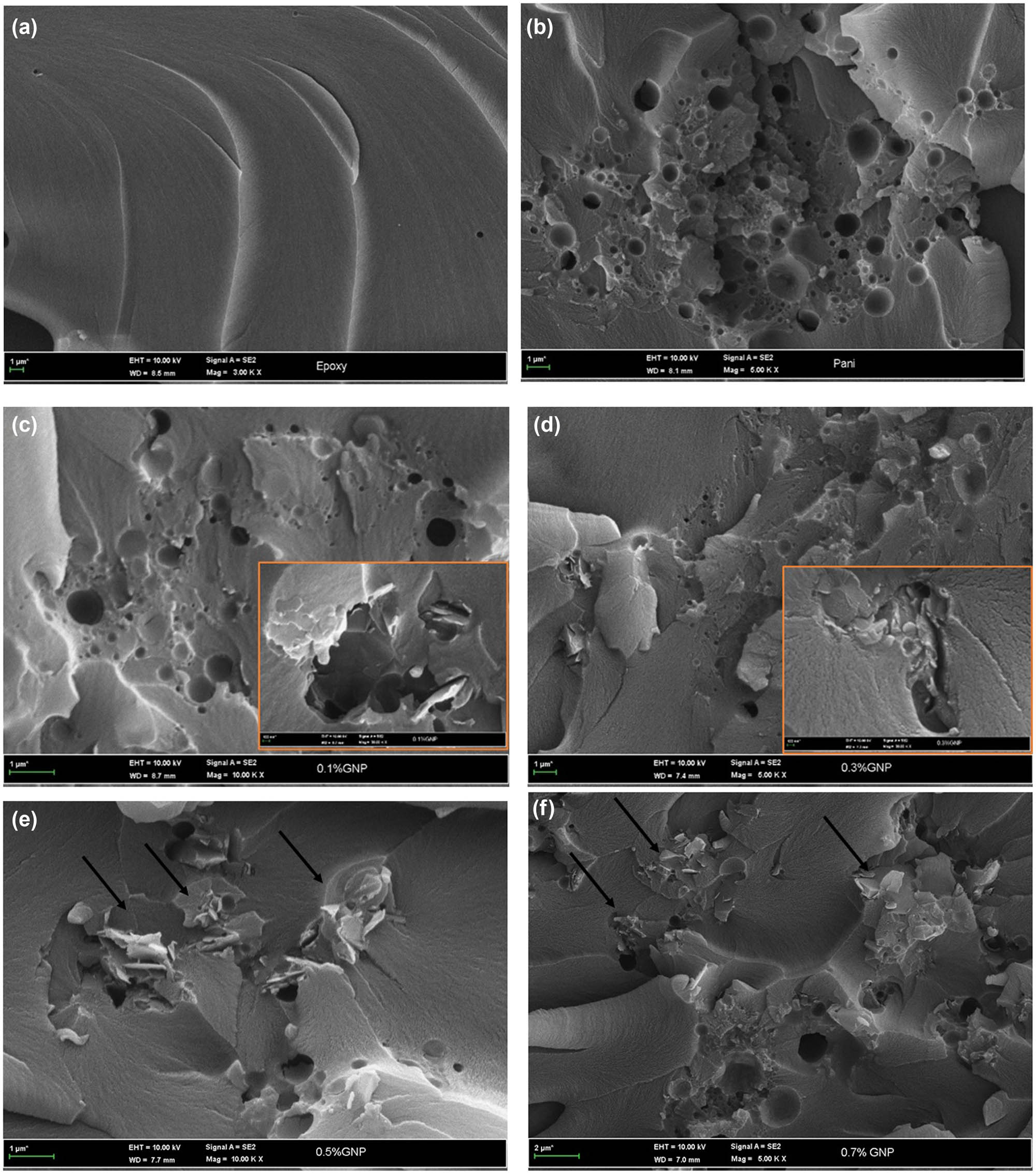 Figure 8 
                  FESEM micrographs of (a) epoxy, (b) epoxy/PANI, (c) NC1, (d) NC2, (e) NC3, and (f) NC4.
               