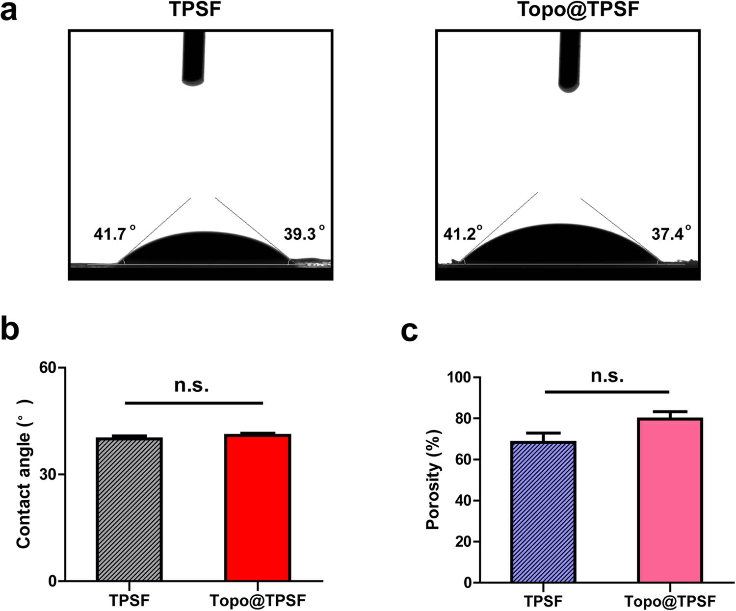 Figure 3 
                  Contact angle and porosity of hydrogels: (a) and (b) contact angle of hydrogels and (c) porosity of hydrogels. Data represent the mean ± S.E.M., (n = 5).
               
