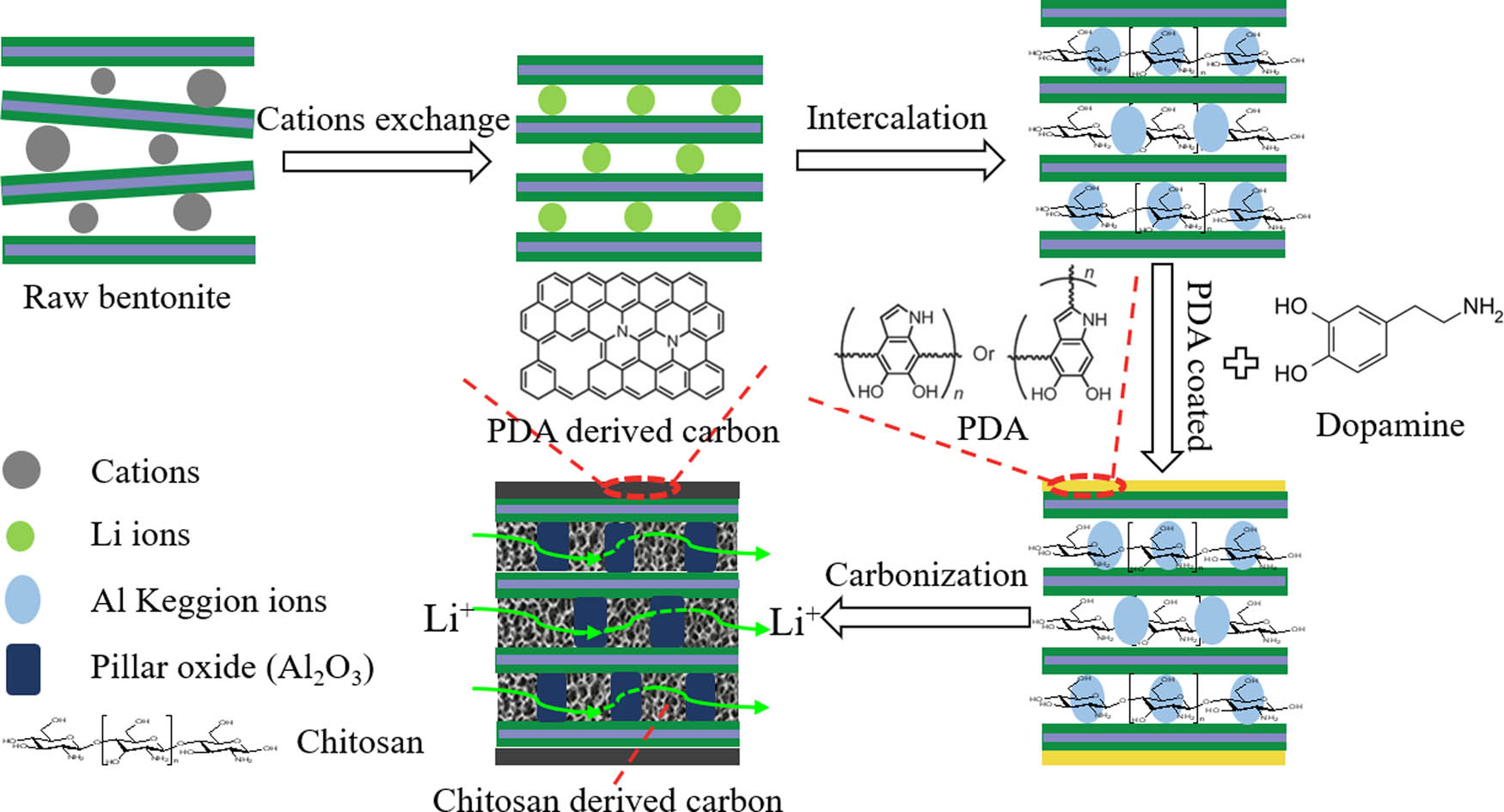 Figure 1 
                  Schematic illustration of the synthesis of Bent@C host materials for sulfur cathodes.
               