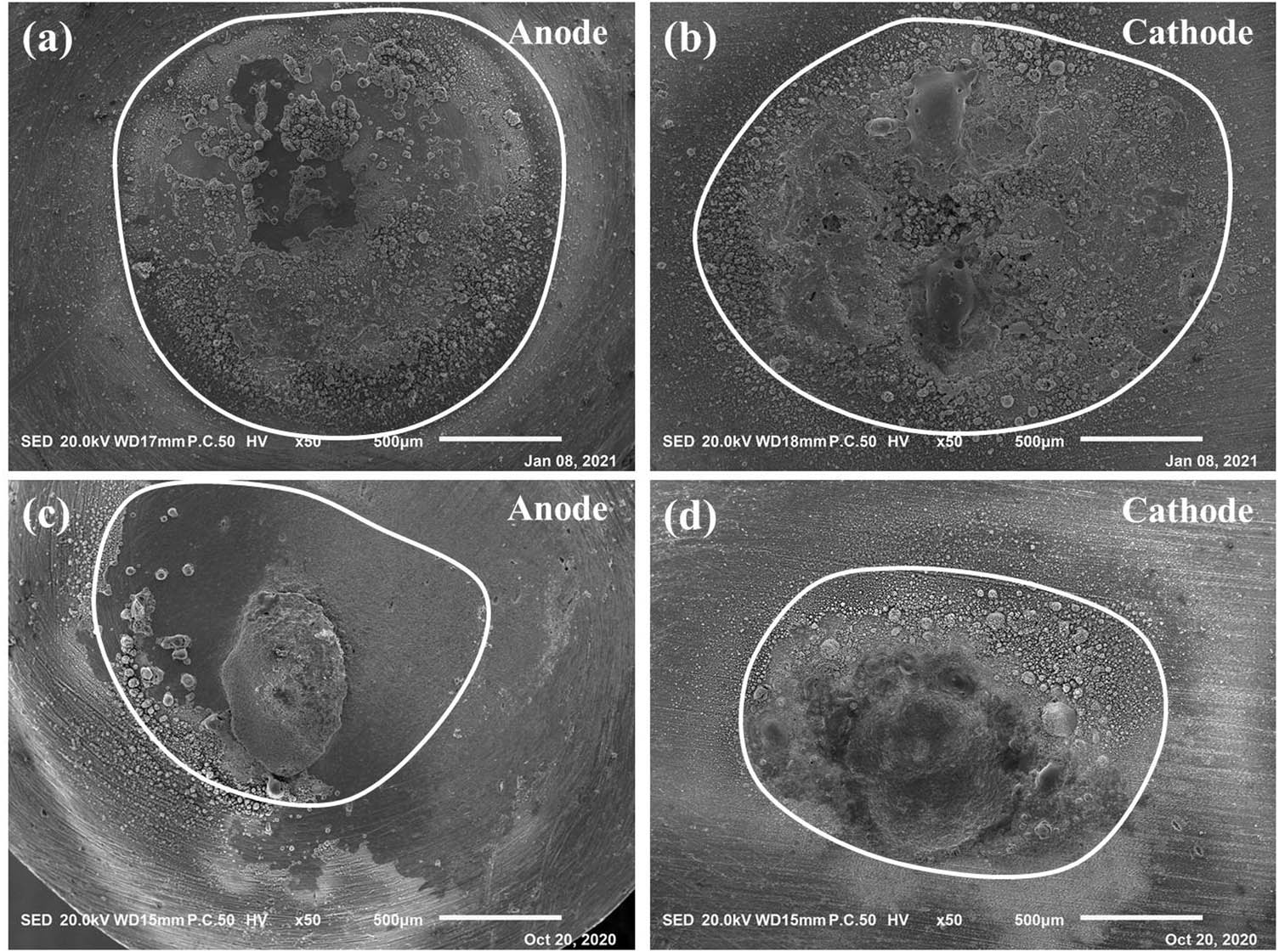 Figure 9 
                  Erosion morphologies of anode and cathode for the Cu–Al2O3 composite (a and b) and the SiCw/Cu–Al2O3 composite (c and d).
               