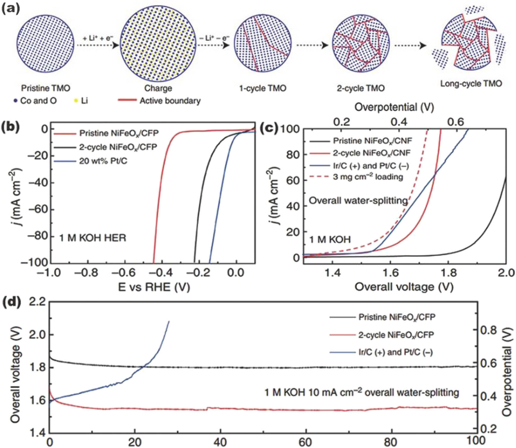 Figure 8 
                     (a) Transition metal oxide (TMO) molecules continuously shift from single-crystalline to ultrathin correlated crystalline NPs. Stable cell loop may affect particle dispersion. (b) The HER performance of 2-loop NiFeO
                           x
                        /CFP remarkably increased from its pristine complement. (c) Two-loop NiFeO
                           x
                        /CFP as an HER as well as OER bifunctional electrocatalyst in basic solution (1 M KOH) for complete water splitting. (d) Long-lasting constancy of 2-loop NiFeO
                           x
                        /CFP for HER and OER catalysts compares to Ir and Pt combination. Redrawn from [130], copyright 2015, Nature Publishing Group.
                  
