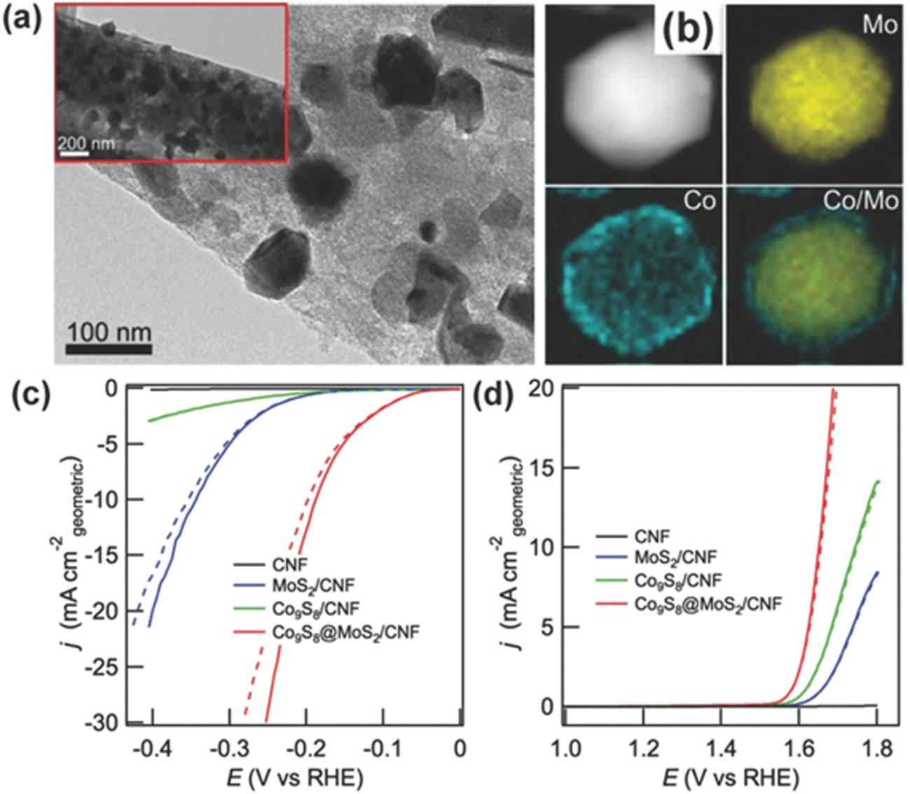 Figure 10 
                     (a) TEM figures of Co9S8@MoS2/CNF. (b) STEM-EDS mapping of the same catalyst. (c) HER performance of CNF, MoS2/CNF, Co9S8/CNF, and Co9S8@MoS2/CNF at 2 mV s−1 in acid solution (0.5 M H2SO4) (d) OER efficiency of CNF, MoS2/CNF, Co9S8/CNF, and Co9S8@MoS2/CNF at 2 mV s−1 in basic solution (1 M KOH). All the outcomes illustrated by solid lines were associated with iR losses. The dotted lines display the initial events. Reprinted from [160], copyright 2015, Wiley-VCH.
                  