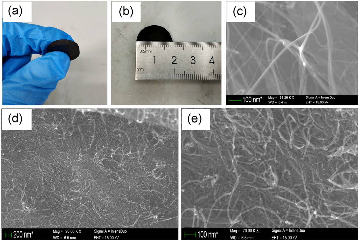 Figure 1 
                  (a) and (b) SPS sintered SWCNT blocks; (c) scanning electron microscopy (SEM) image of the polished surface; (d) and (e) low-resolution and high-resolution SEM image showing fracture surfaces of the bulk SWCNT materials.
               
