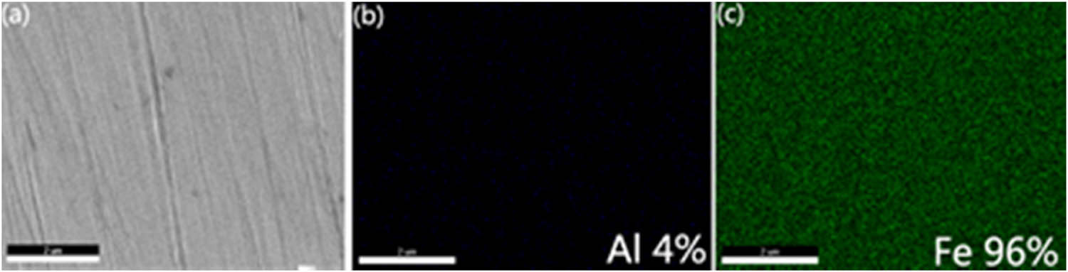 Figure 2
EDS spectrum of wrench section. (a) SEM image of wrench cross section, (b) Al 4%, and (c) Fe 96%.