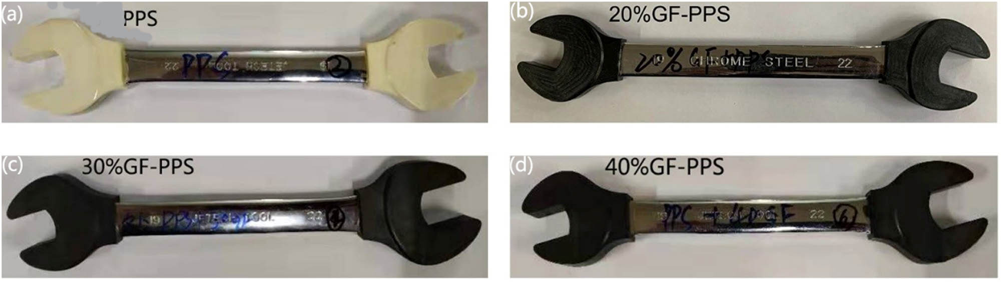 Figure 14
Digital photos of polymer sleeve obtained from different polymer injection molding of spanner head: (a) PPS, (b) 20% GF/PPS, (c) 30% GF/PPS, and (d) 40% GF/PPS.