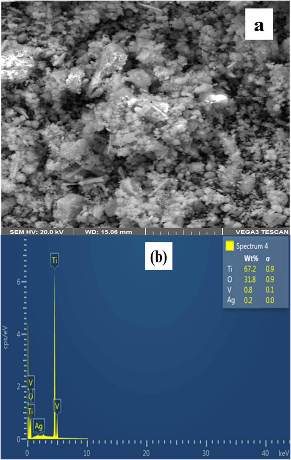 Figure 10 
                  Morphology of V/Ag/TiO2 nanocatalyst: (a) SEM image (b) EDX mapping.
               
