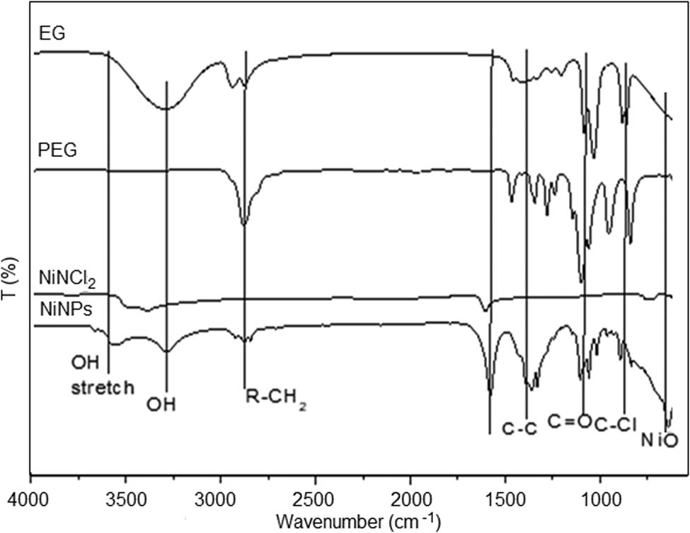 Figure 7
FT-IR spectra of EG, PEG, NiCl2, and NiNPs.
