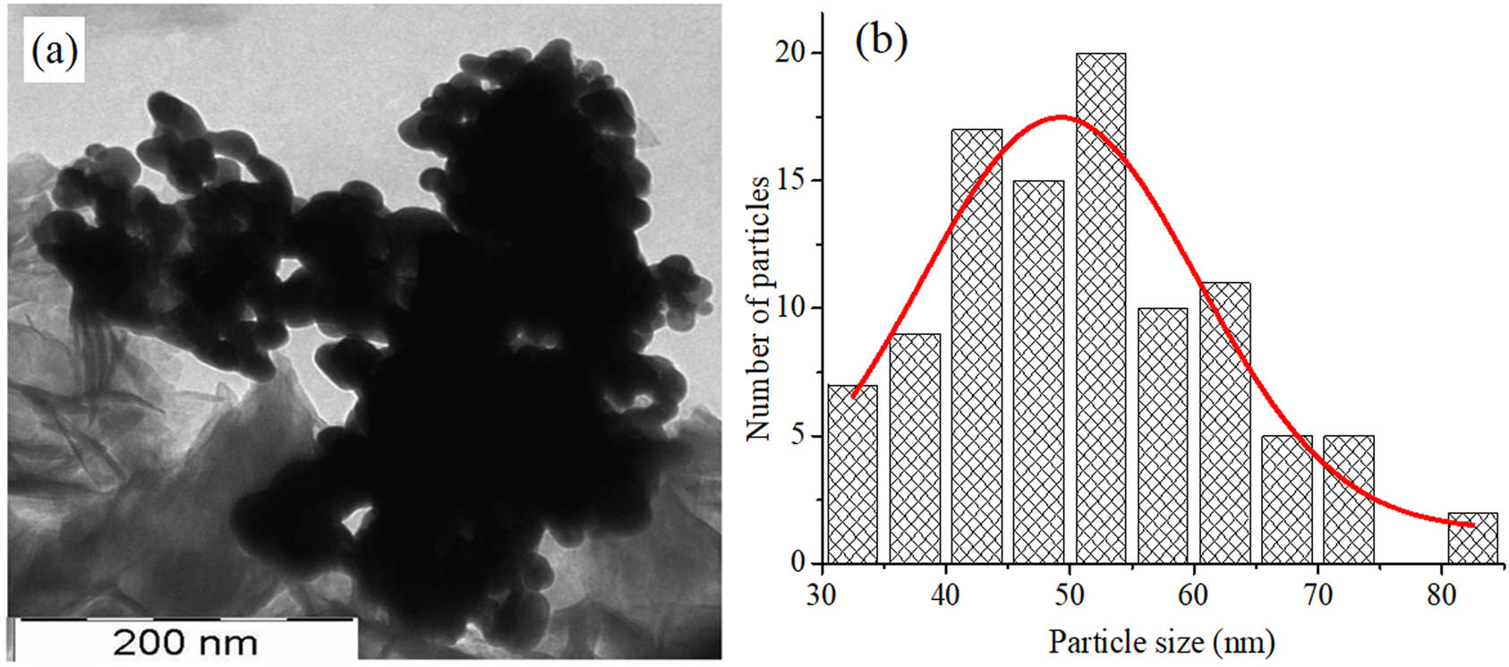 Figure 9
(a) TEM image of NiNPs at mag. 200 nm. (b) Diameter distribution of 100 particles NiNPs using Image-J.