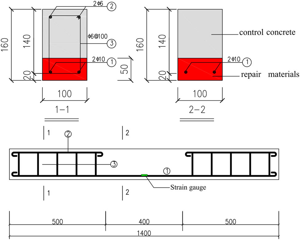 Figure 2 
                     Dimensions and reinforcement of the reinforced concrete beam.
                  