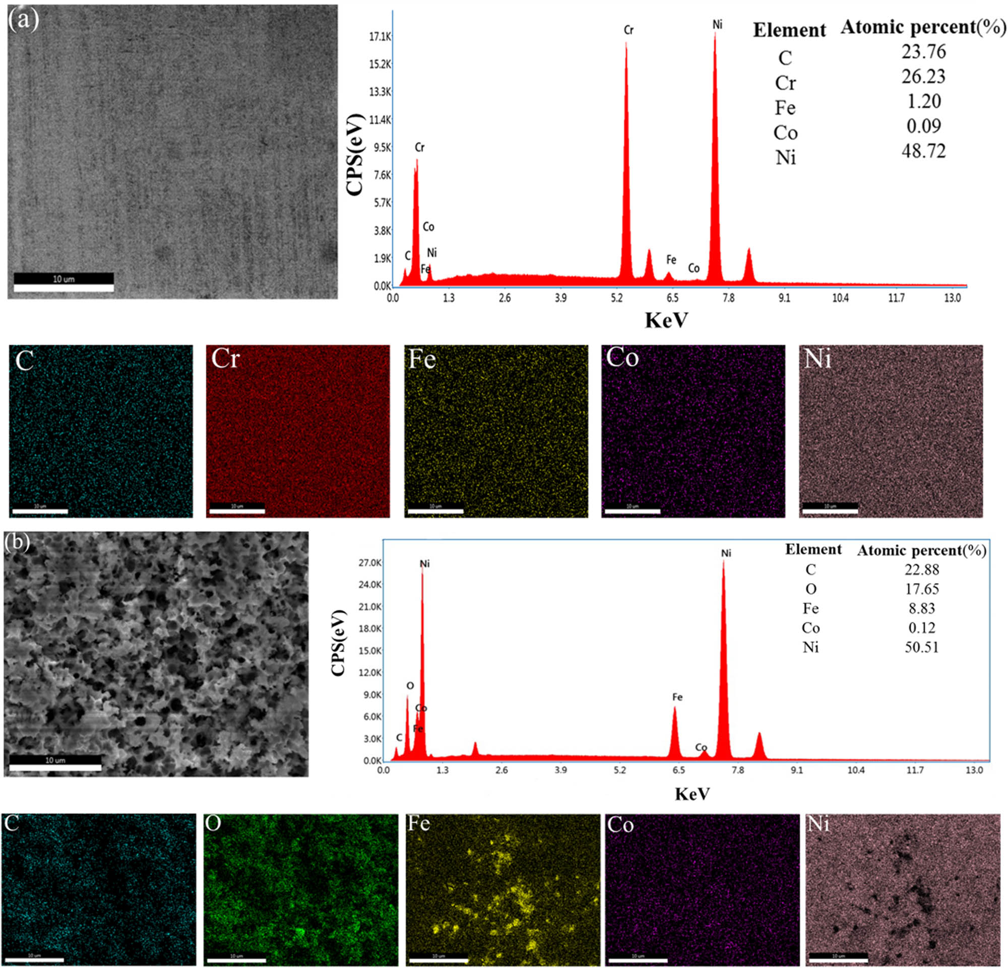 Figure 2 
               SEM image and EDS spectra of the alloy surface. (a) The pristine surface; (b) the surface after the two-step anodization.
            