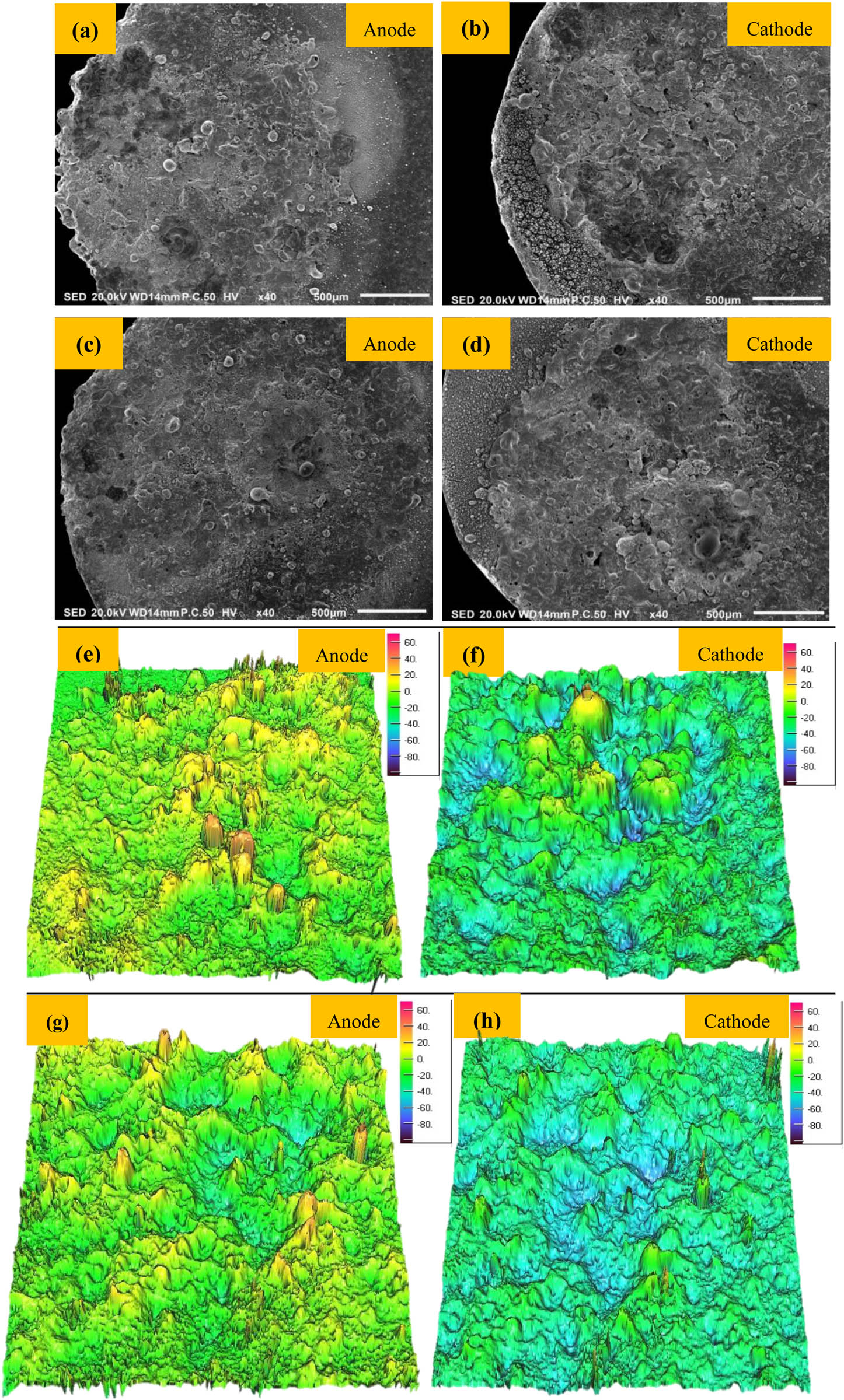 Figure 7 
                  SEM images of arc erosion morphology and corresponding 3D profiles (a, b, e, and f) 0.5GO/0.5CeO2–Cu30Cr10W; (c, d, g, and h) 1.0GO/0.5CeO2–Cu30Cr10W.
               