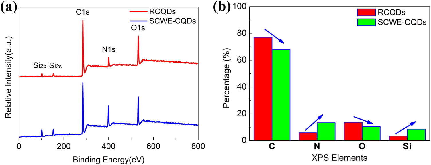 Figure 6 
                  (a) XPS full survey of RCQDs and SCWE-CQDs, (b) XPS elemental analysis results of the RCQDs and SCWE-CQDs.
               