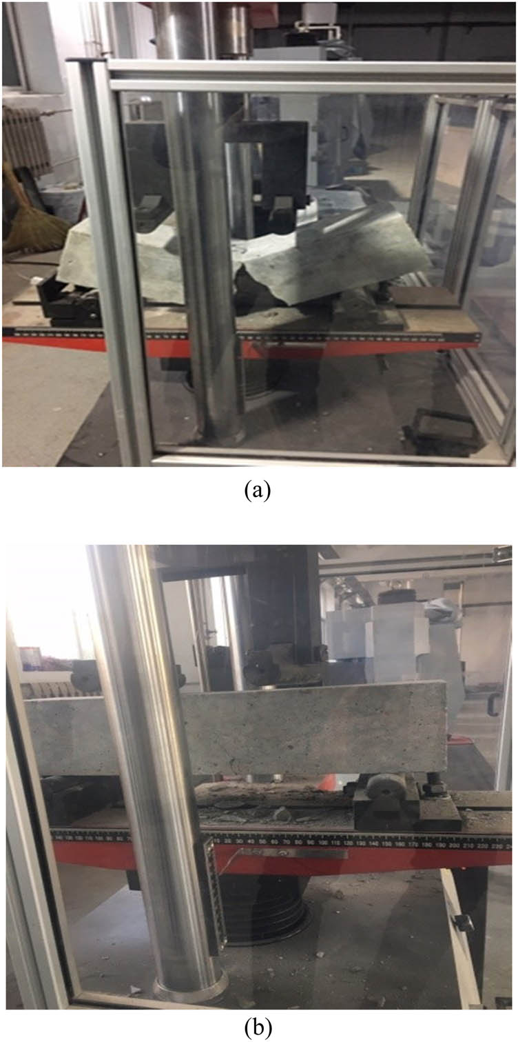 Figure 8 
                  Flexural failure patterns of nano-concrete specimens: (a) specimen without SF and (b) specimen with 1.5% SF.
               