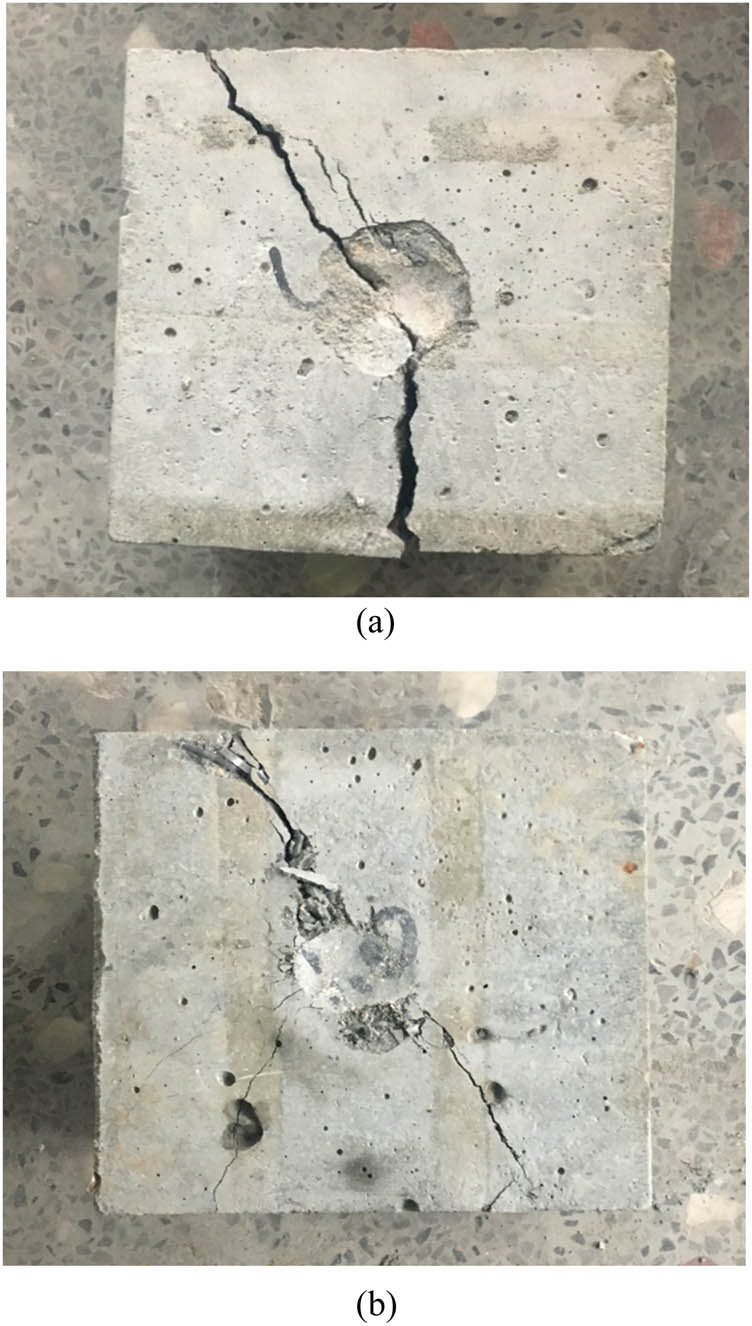 Figure 11 
                  Impact failure patterns of nano-concrete specimens: (a) specimen without SF and (a) specimen with 1.5% SF.
               