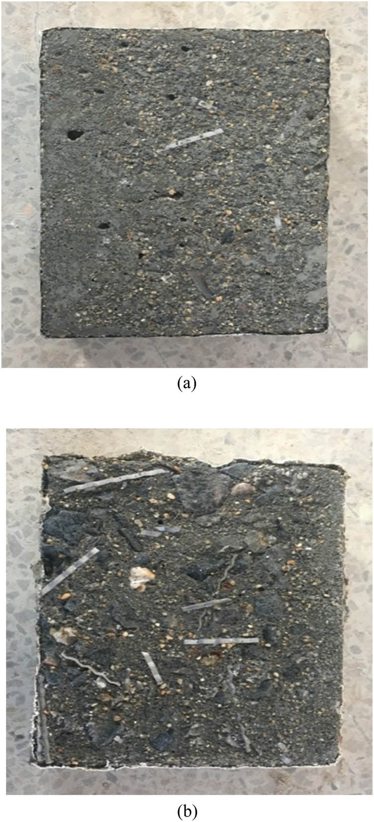 Figure 15 
                  Surface damage of nano-concrete specimens: (a) specimen with 1.5% SF and (b) specimen with 2.5% SF.
               