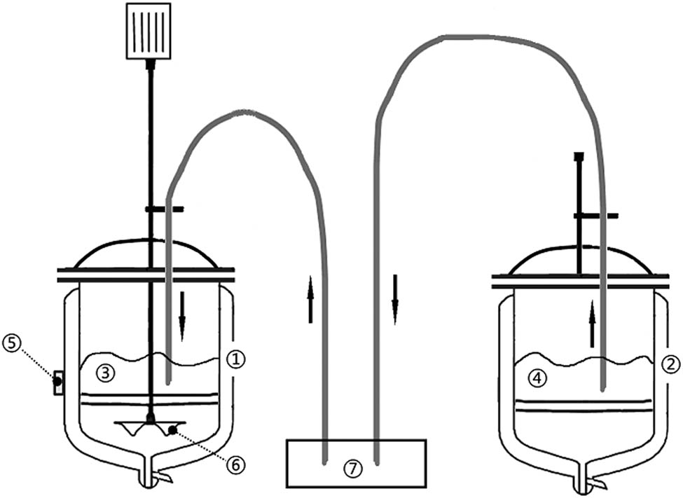 Figure 2 
               Experimental setup for the semi-continuous precipitation of salicylic acid. (1) 1 L glass 2 reactor, (2) 1 L glass 1, (3) R_Na, (4) H2SO4, (5) acoustic emission sensor, (6) stirrer, and (7) pumper.
            