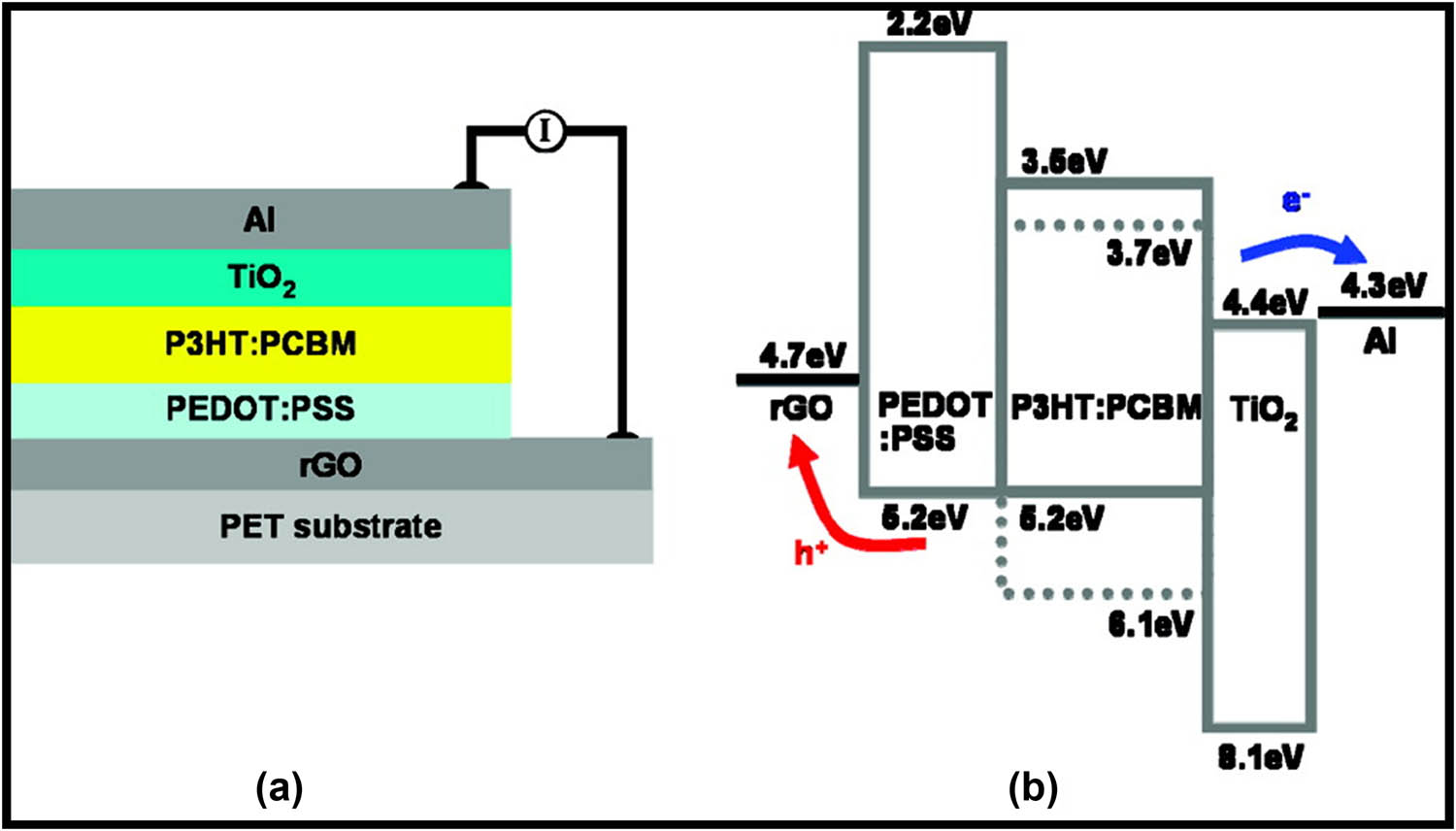 Figure 17 
                  Schematic representation of (a) layer structure and (b) energy level for the OPV device, which is rGO/PEDOT:PSS/P3HT:PCBM/TiO2/Al, with rGO as the transparent electrode [141]. PSS: poly (styrene sulfonate).
               