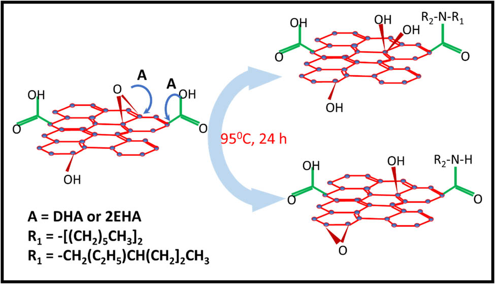 Figure 18 
                  Schematic of the mechanism proposed for the binding of DHA and 2EHA onto the GO.
               