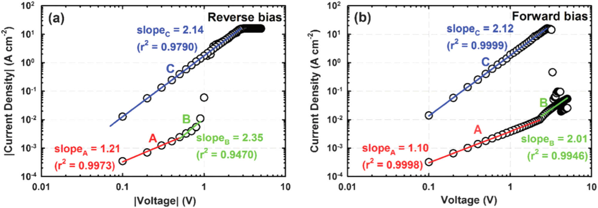 Figure 11 
                     Full logarithmic current density–voltage (J–V) relationships of the Aloe vera-based memory device in the (a) reverse-bias and (b) forward-bias regions. Experimental data are represented by open symbols. Linear fittings to the experimental data are represented by solid lines [81]. Reproduced by permission of the PCCP Owner Societies.
                  