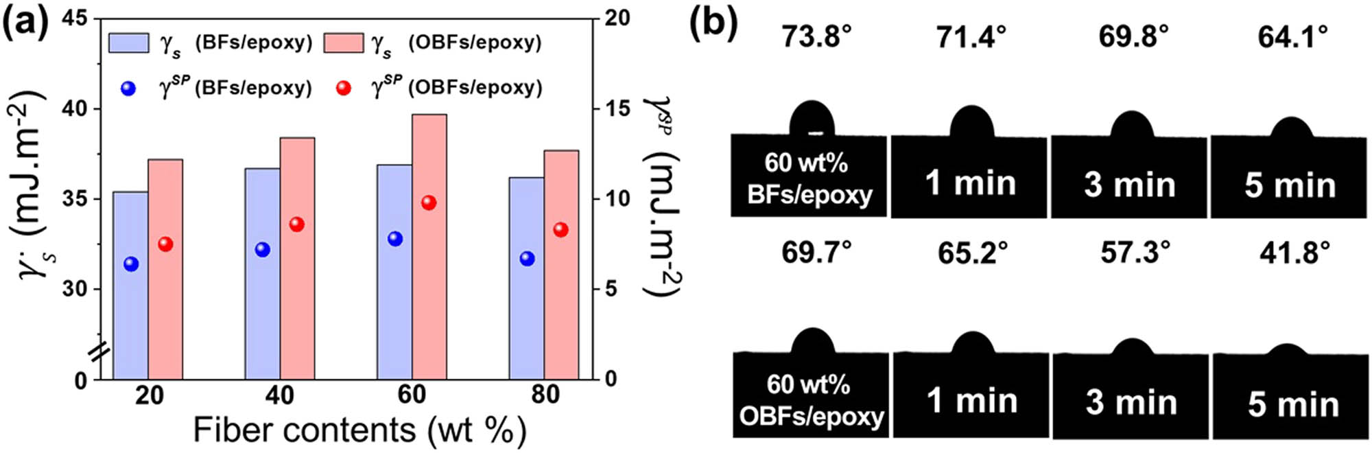 Figure 4 
                  Interfacial interaction of BFs/epoxy and OBFs/epoxy composites: (a) surface free energy and (b) optical images of the DCA of distilled water over time.
               