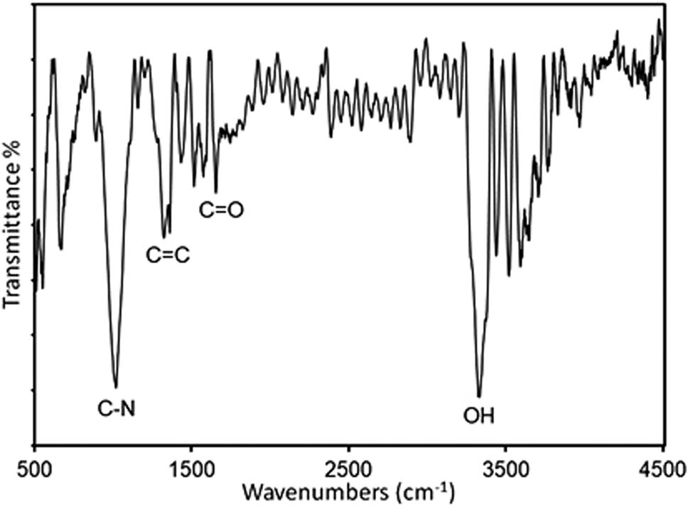 Figure 3 
                  Fourier-transform infrared (FTIR) spectrum of the herceptin-conjugated graphene synthesized under ultrasonication in the presence of the antibody, herceptin.
               