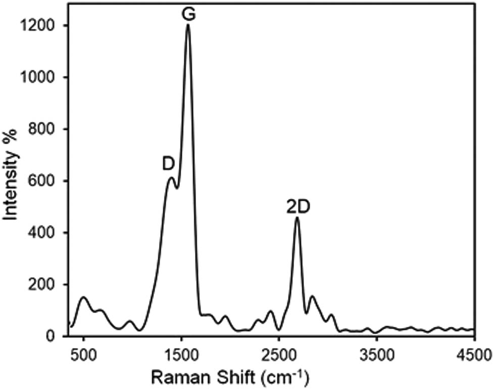 Figure 5 
                  Raman spectrum of the herceptin-conjugated graphene synthesized in situ under ultrasonication in presence of the antibody, herceptin.
               