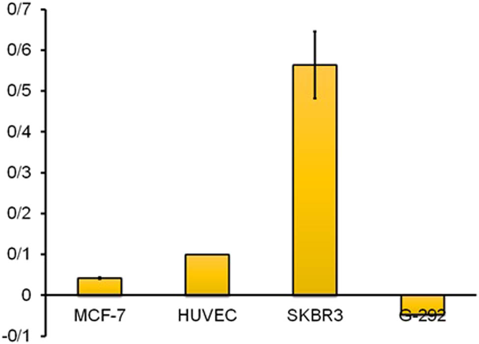 Figure 9 
                  Effect of several cells on the electrode response and a comparison of the biosensor activity in the presence of the cells: MCF-7, G-292, SK-BR-3, and HUVEC.
               